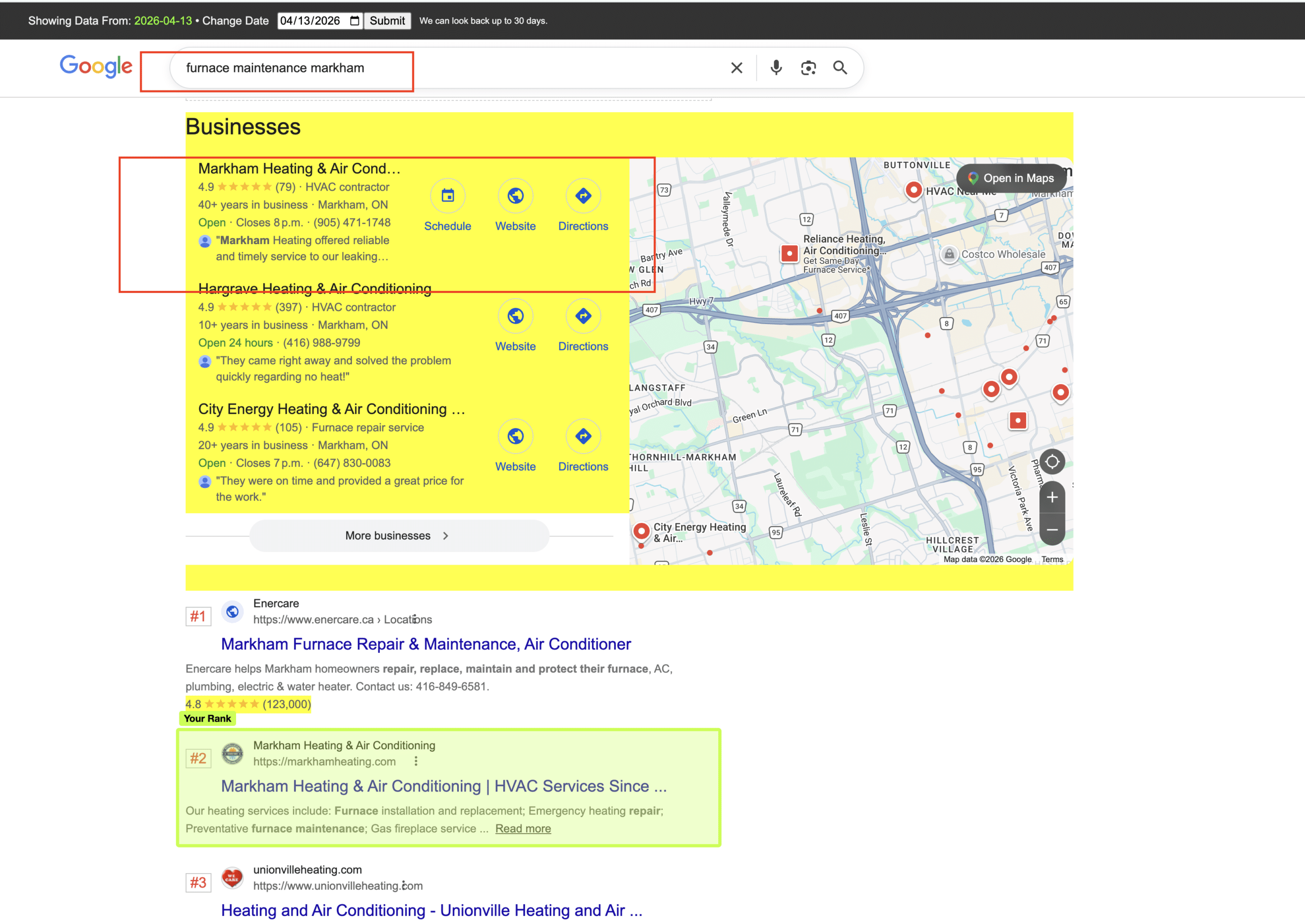 Markham HVAC ranking in Google Maps and SERPs