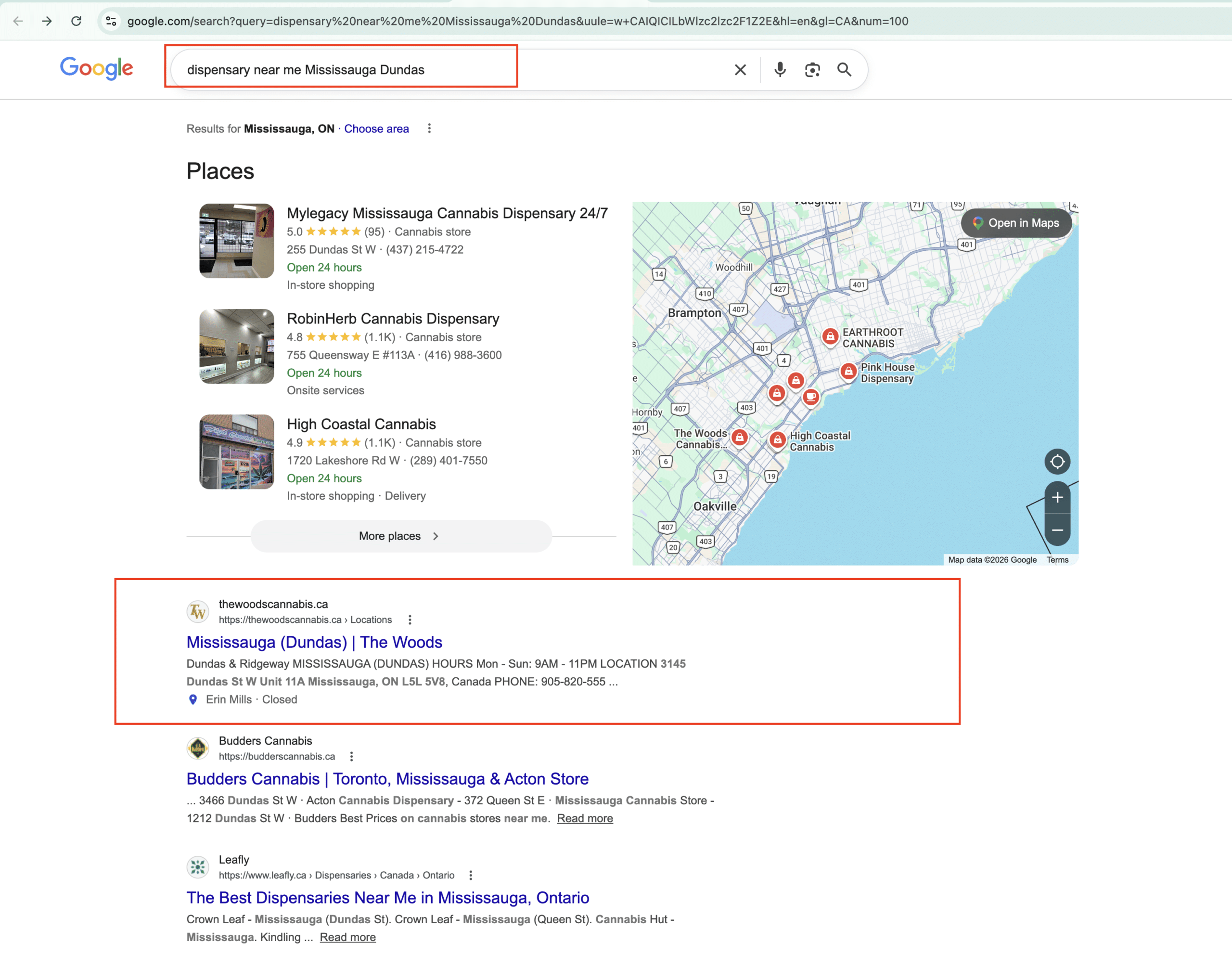 The Woods Cannabis search engine results
