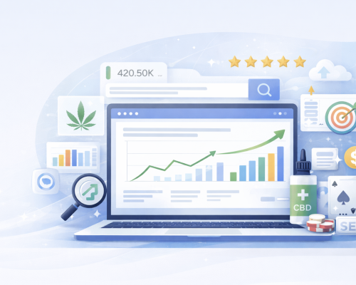 AI SEO strategy for regulated industries including cannabis, CBD, and iGaming showing organic search growth and analytics dashboard